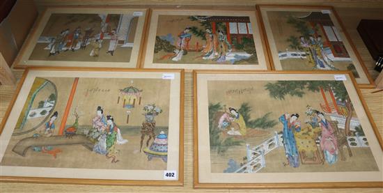 Five Chinese paintings on silk depicting ladies in gardens and interiors, 30 x 44cm